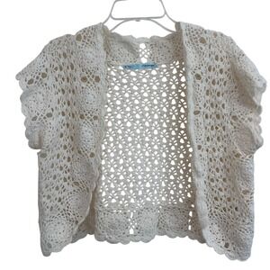 BOHO Fairy Maurices Cream Crochet Knit Open Front Shrug Bolero Top Women M NWOT